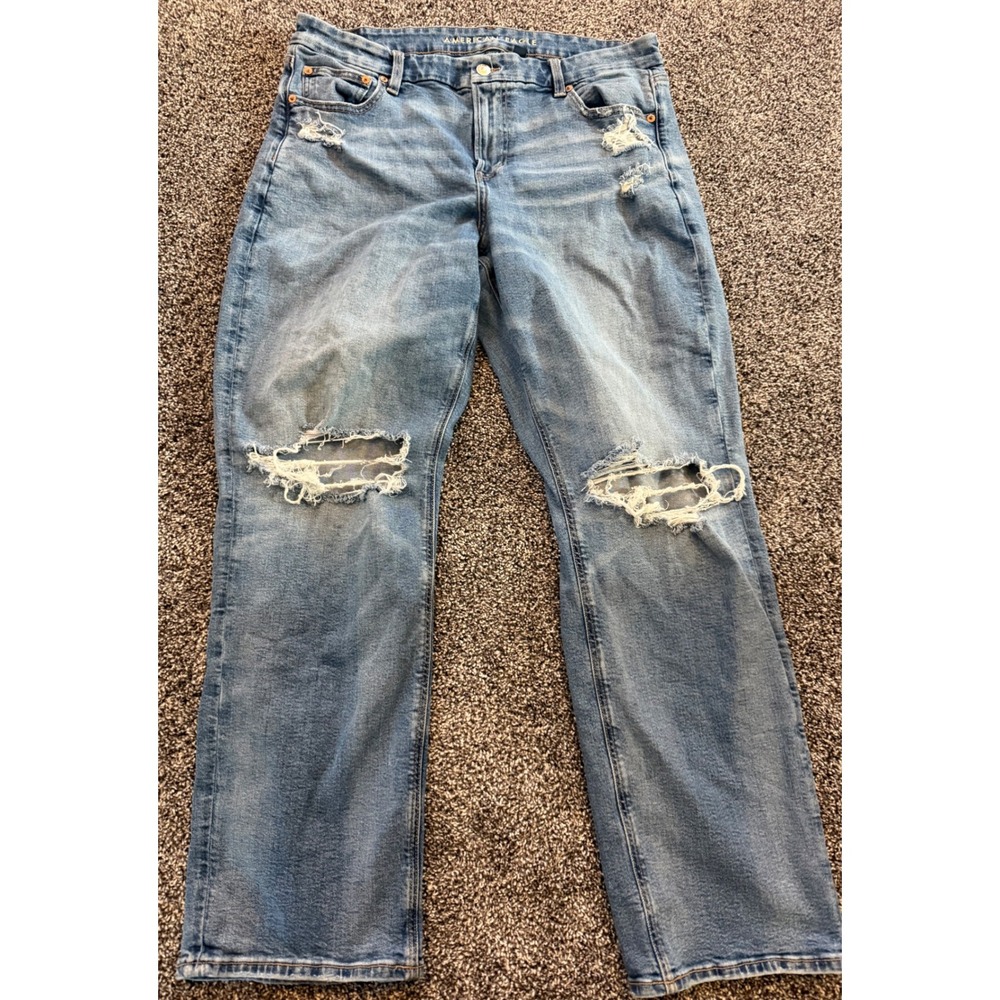 American Eagle Stretch Distressed Straight Leg Jeans Medium Wash Blue